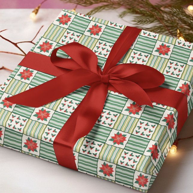 Patchwork Christmas Poinsettia Floral Pattern Wrapping Paper (Creator Uploaded)