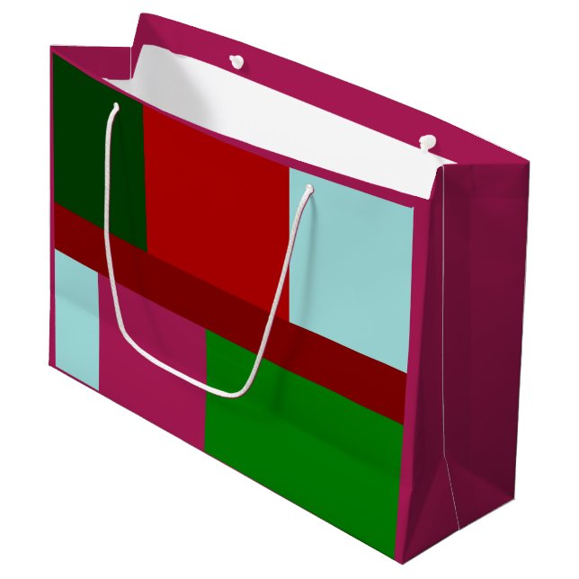 Patchwork Christmas red light blue green hot pink Large Gift Bag (Front Angled)