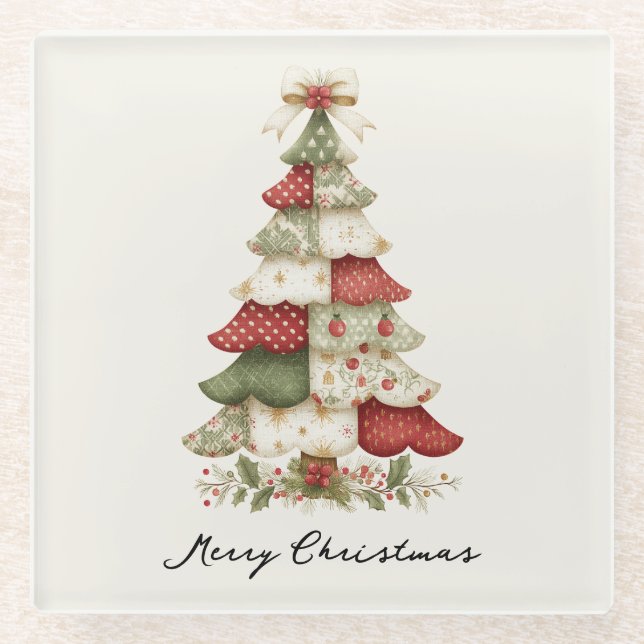 Patchwork Christmas Tree Christmas Glass Coaster (Front)
