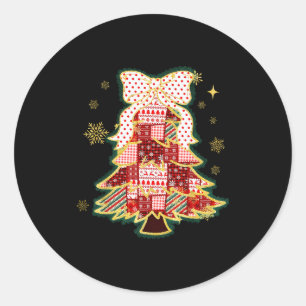 Patchwork Christmas Tree Coquette Bow Xmas Holiday Classic Round Sticker
