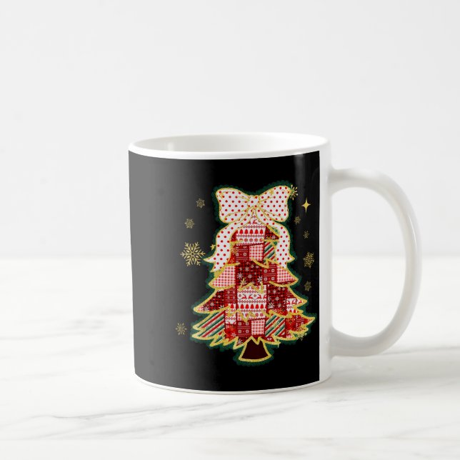 Patchwork Christmas Tree Coquette Bow Xmas Holiday Coffee Mug (Right)