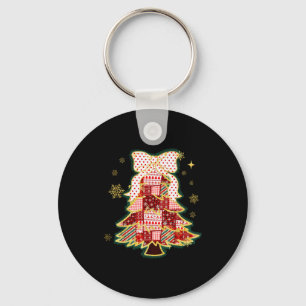 Patchwork Christmas Tree Coquette Bow Xmas Holiday Keychain