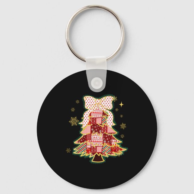 Patchwork Christmas Tree Coquette Bow Xmas Holiday Keychain (Front)