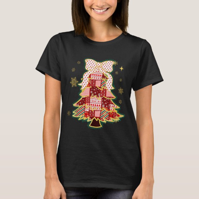 Patchwork Christmas Tree Coquette Bow Xmas Holiday T-Shirt (Front)