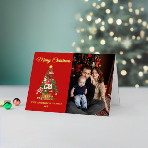 Patchwork Christmas Tree Photo Foil Holiday Card