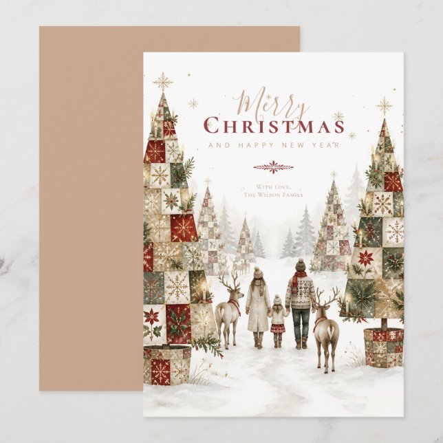 Patchwork Christmas Trees Family Winter TMF26 Holiday Card (Front/Back)