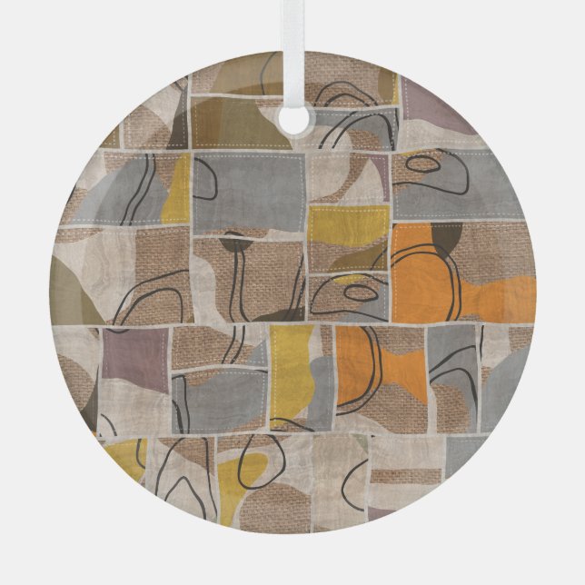 Patchwork collage, quilt mix pattern glass ornament (Front)