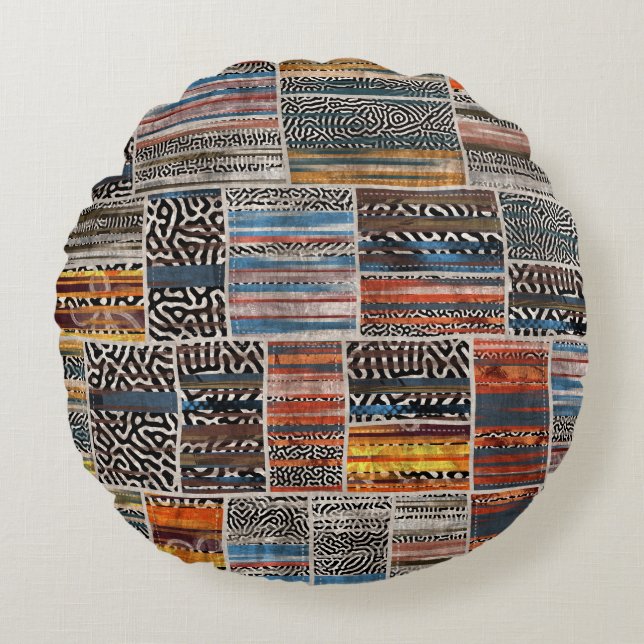 Patchwork Collage: Quilt Pattern Extravaganza Round Pillow (Front)