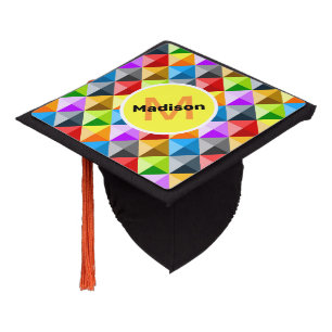 Patchwork Colourful geometric pattern Monogram Graduation Cap Topper