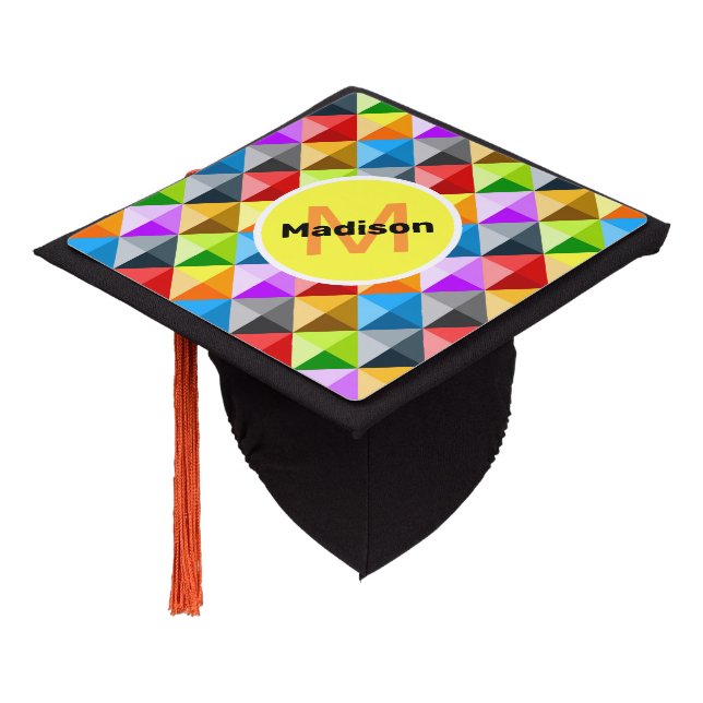 Patchwork Colourful geometric pattern Monogram Graduation Cap Topper (Angled)