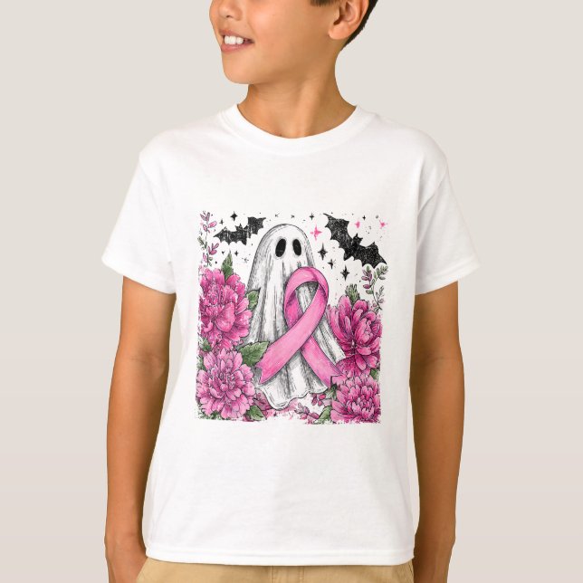 Patchwork Coquette Bow Breast Cancer Ghost Hallowe T-Shirt (Front)