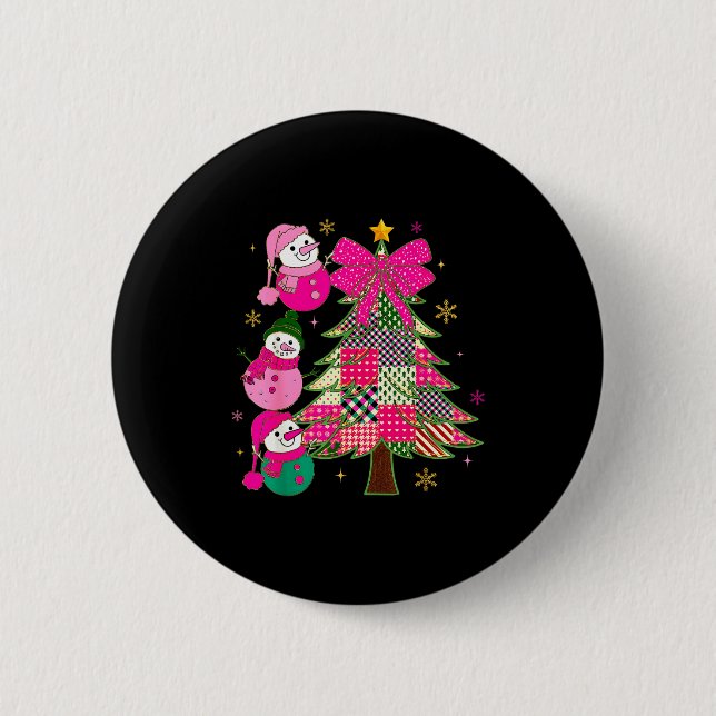 Patchwork Coquette Bow Xmas Snowman Holiday Christ 2 Inch Round Button (Front)