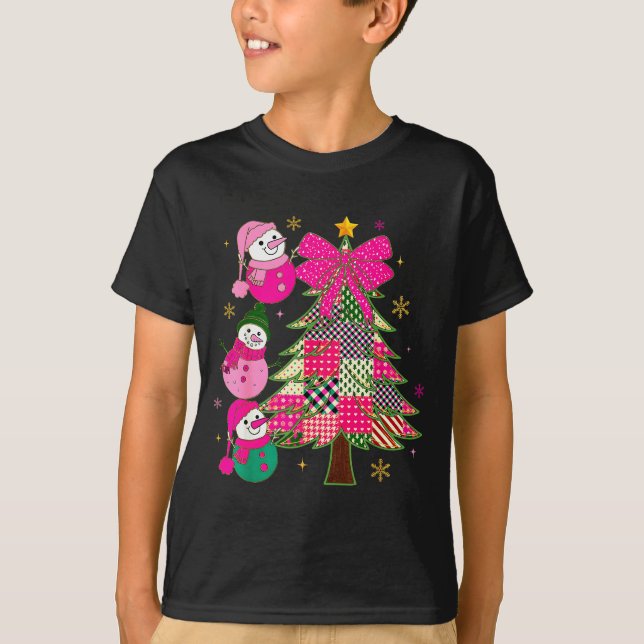 Patchwork Coquette Bow Xmas Snowman Holiday Christ T-Shirt (Front)