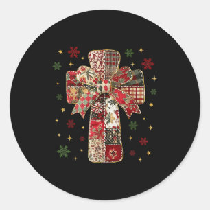 Patchwork Cross Christian Christmas Coquette Bow Classic Round Sticker