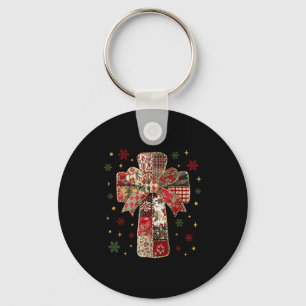 Patchwork Cross Christian Christmas Coquette Bow Keychain