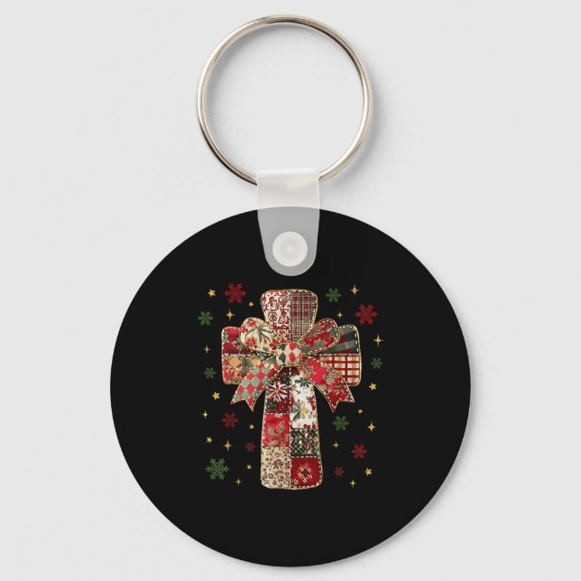 Patchwork Cross Christian Christmas Coquette Bow  Keychain (Front)