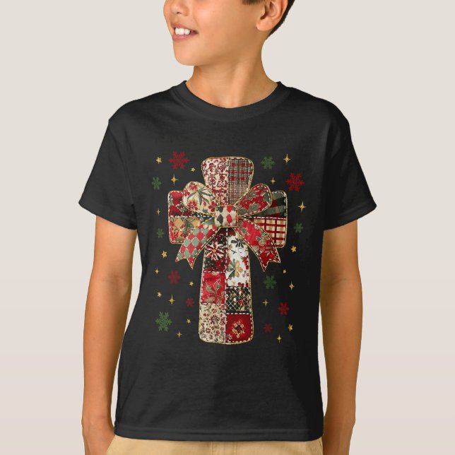 Patchwork Cross Christian Christmas Coquette Bow  T-Shirt (Front)