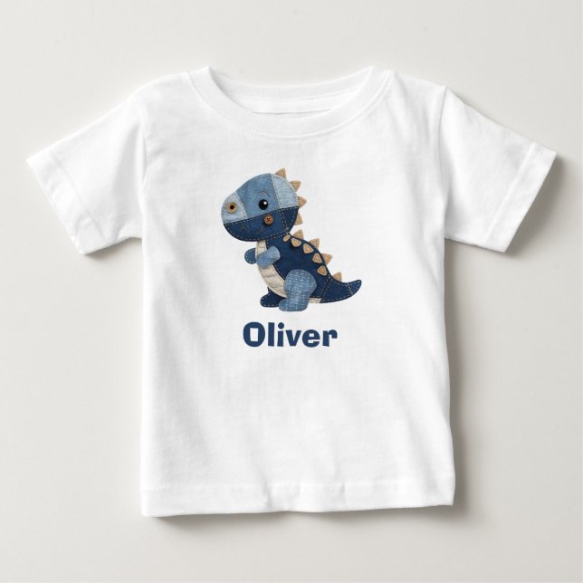 Patchwork Denim Baby T-Rex T-Shirt (Front)