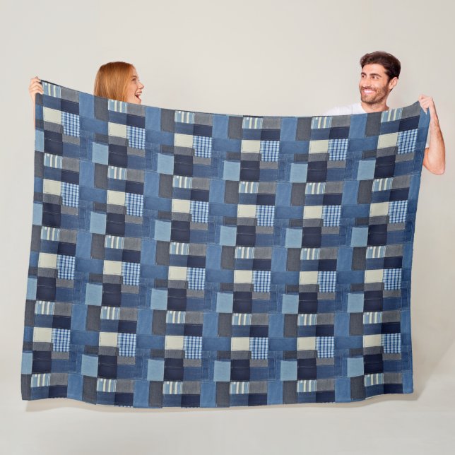 Patchwork Denim Fabric Art Illustration No10 Fleece Blanket (In Situ)