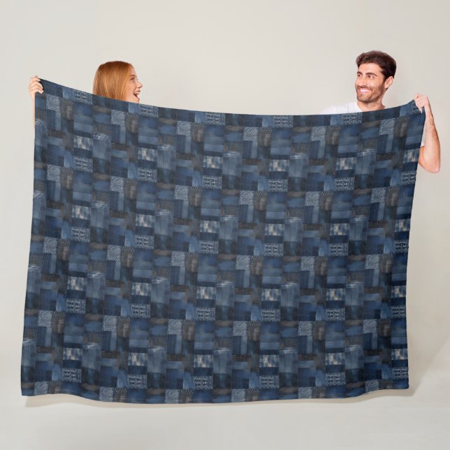 Patchwork Denim Fabric Art Illustration No17 Fleece Blanket (In Situ)