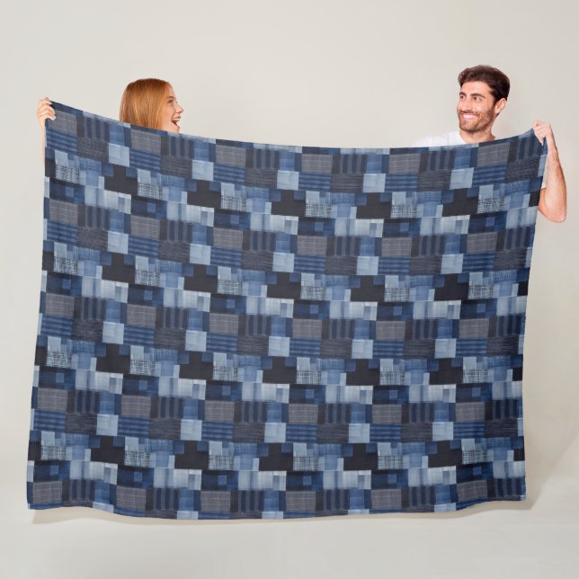 Patchwork Denim Fabric Art Illustration No20 Fleece Blanket (In Situ)