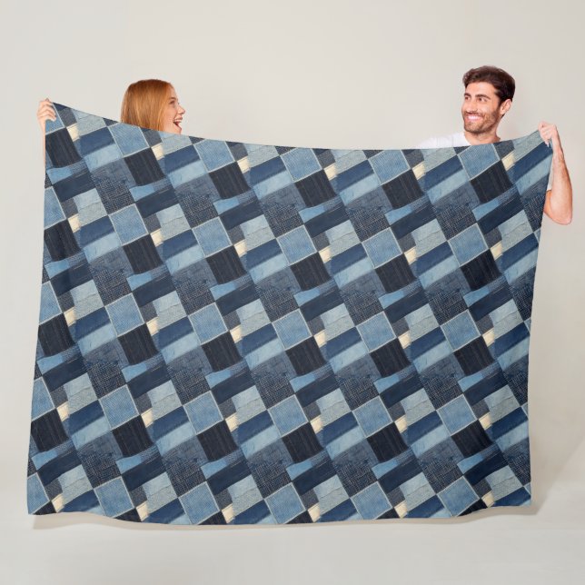 Patchwork Denim Fabric Art Illustration No2 Fleece Blanket (In Situ)