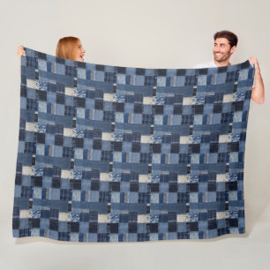 Patchwork Denim Fabric Art Illustration No9 Fleece Blanket