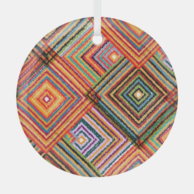 Patchwork Design with Aztec Squares. Glass Ornament (Front)