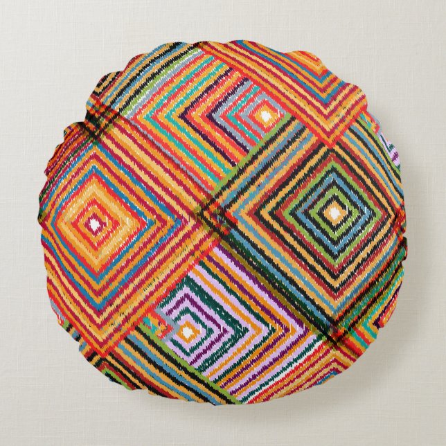 Patchwork Design with Aztec Squares. Round Pillow (Front)