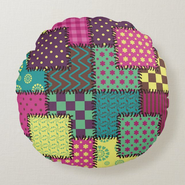 Patchwork: Diverse Patterns Background Round Pillow (Front)