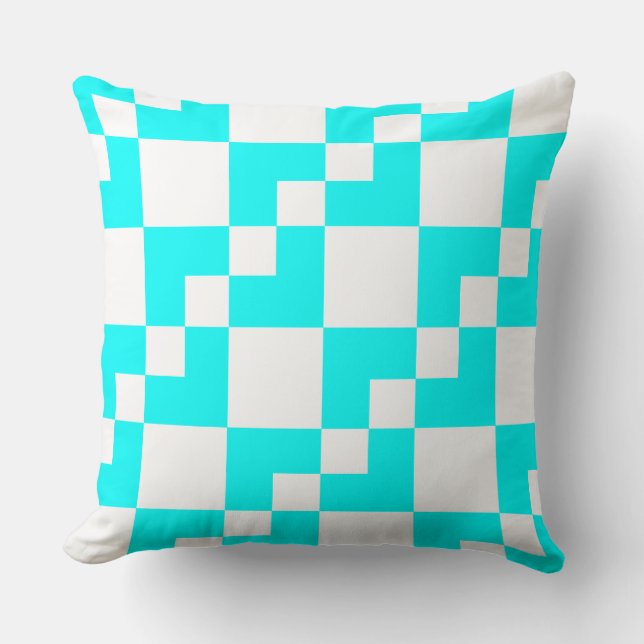 Patchwork Domino - Cyan and White Throw Pillow (Front)