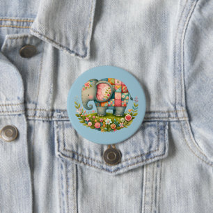 Patchwork Elephant Floral Meadow Charm 3 Inch Round Button