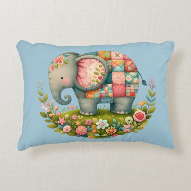 Patchwork Elephant Floral Meadow Charm Accent Pillow (Front)