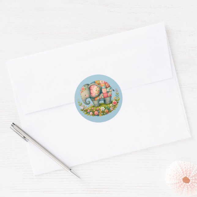 Patchwork Elephant Floral Meadow Charm Classic Round Sticker (Envelope)