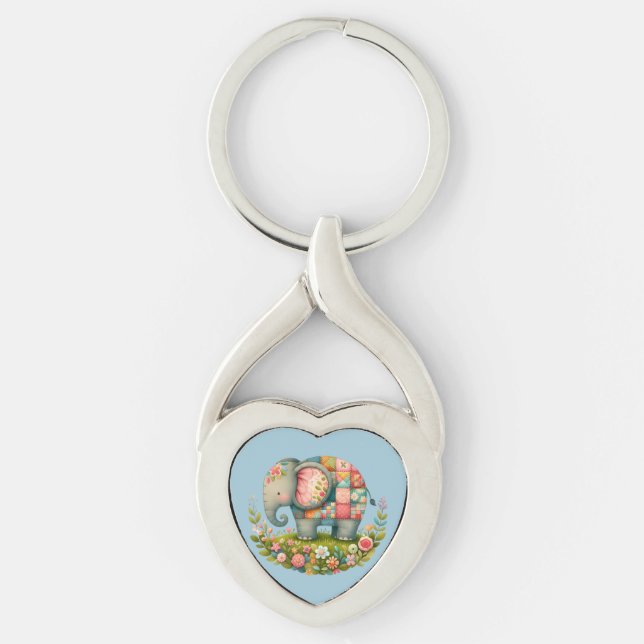 Patchwork Elephant Floral Meadow Charm Keychain (Front)