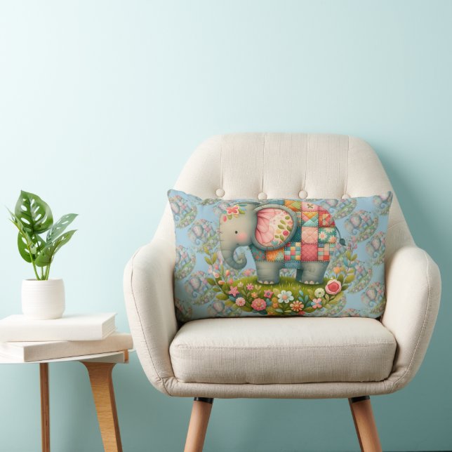 Patchwork Elephant Floral Meadow Charm Lumbar Pillow (Chair)