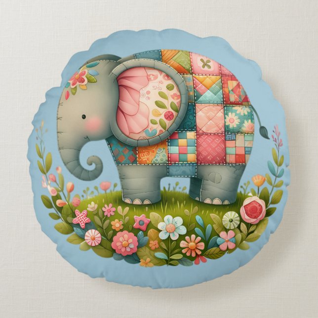Patchwork Elephant Floral Meadow Charm Round Pillow (Front)