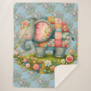 Patchwork Elephant Floral Meadow Charm Sherpa Blanket