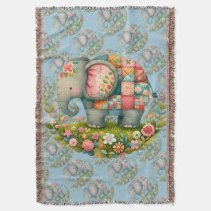 Patchwork Elephant Floral Meadow Charm Throw Blanket