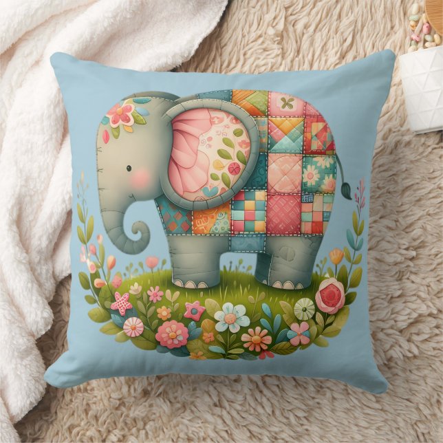 Patchwork Elephant Floral Meadow Charm Throw Pillow (Blanket)