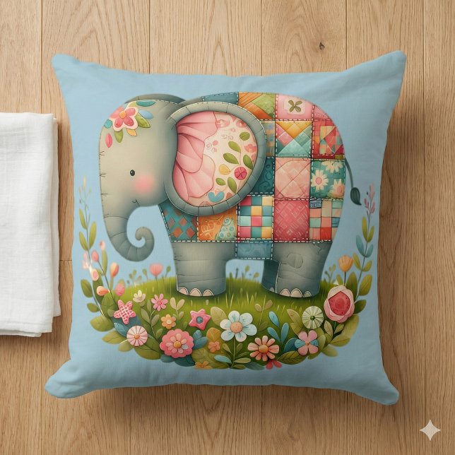 Patchwork Elephant Floral Meadow Charm Throw Pillow (Patchwork Elephant Floral Meadow Charm Throw Pillow Mockup A)