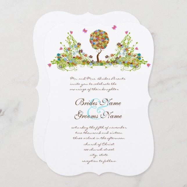Patchwork Enchanted Forest Tree Wedding Invitation (Front/Back)