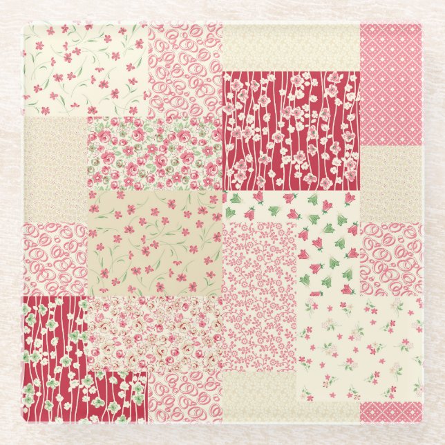 Patchwork Floral: Hand Drawn Ornaments. Glass Coaster (Front)
