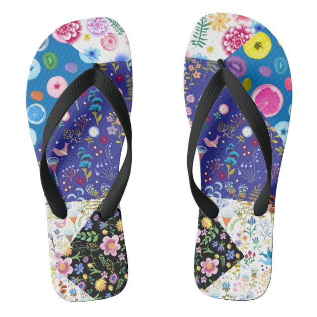 Patchwork floral pattern on a black background. Ve Flip Flops (Footbed)