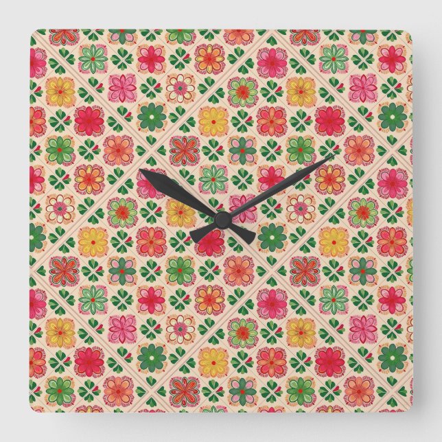 Patchwork floral pattern square wall clock (Front)