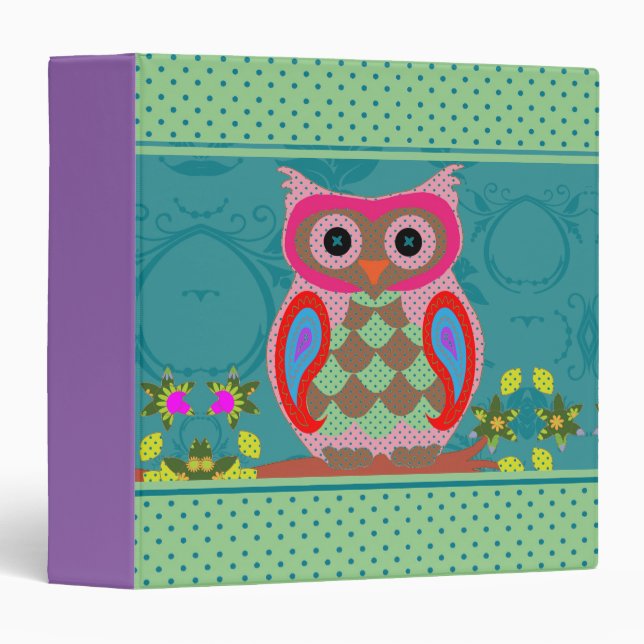 Patchwork Folk Art Owl and Dots Binder (Front/Spine)