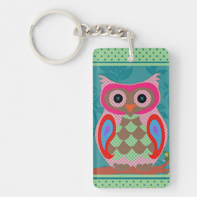 Patchwork Folk Art Owl and Dots Keychain (Front)