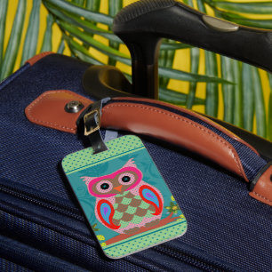 Patchwork Folk Art Owl and Dots Luggage Tag