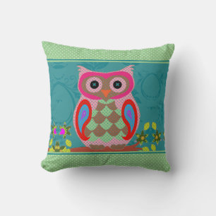 Patchwork Folk Art Owl and Dots Throw Pillow