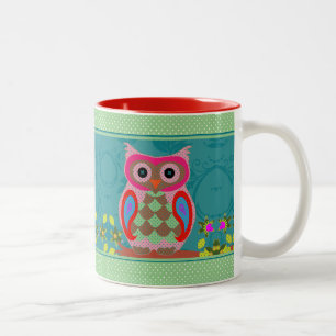 Patchwork Folk Art Owl and Dots Two-Tone Coffee Mug